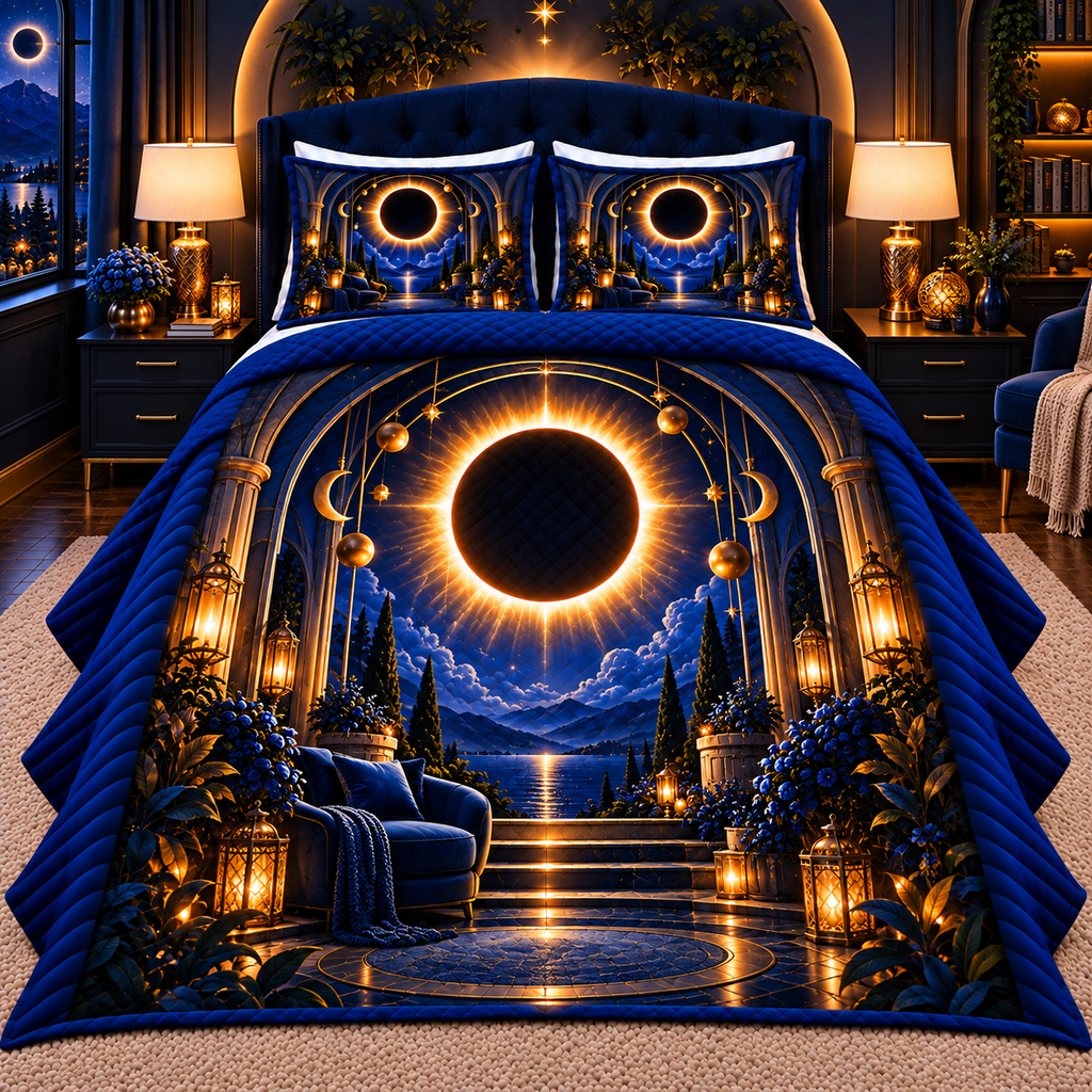 Solar Eclipse Quiet Corner Quilted Bedding Set with printed optical 3D artwork in its use setting