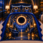 Solar Eclipse Quiet Corner Quilted Bedding Set with printed optical 3D artwork in its use setting
