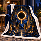 Solar Eclipse Quiet Corner Sherpa & Fleece Blanket with printed optical 3D artwork in its use setting