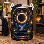 Solar Eclipse Quiet Corner Laundry Hamper with printed optical 3D artwork in its use setting