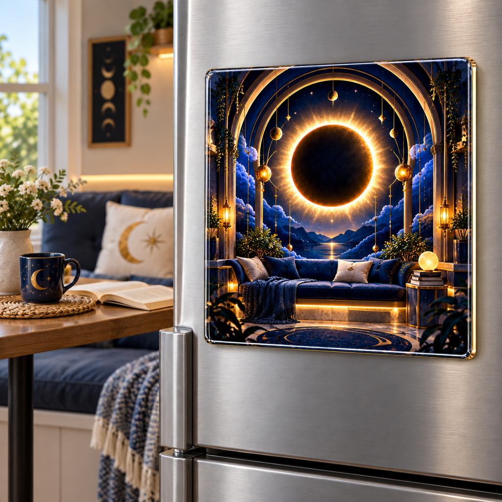 Solar Eclipse Quiet Corner Acrylic Refrigerator Magnet with printed optical 3D artwork in its use setting