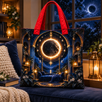 Solar Eclipse Quiet Corner Quilted Tote Bag with printed optical 3D artwork in its use setting