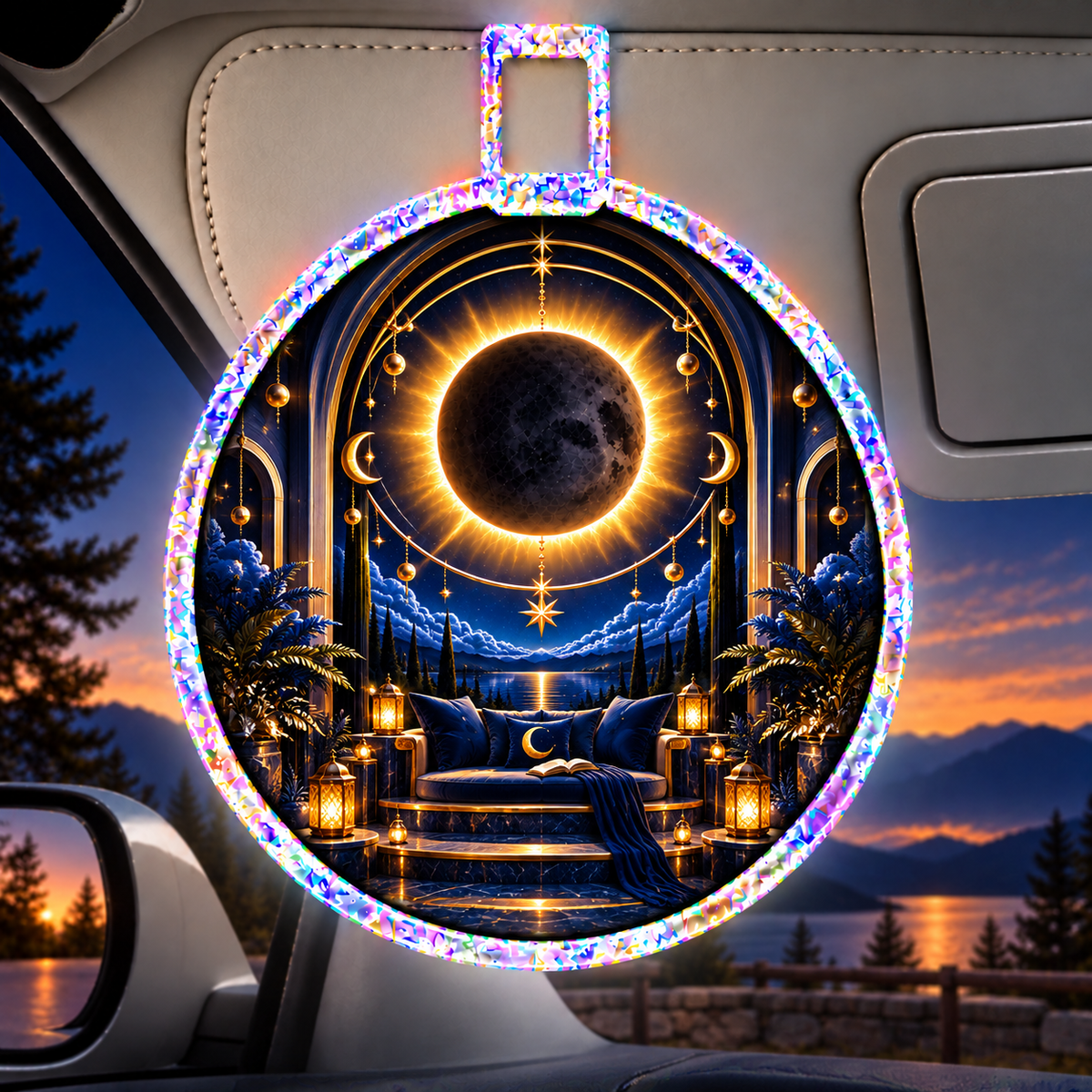 Solar Eclipse Quiet Corner Holographic Car Visor Clip with printed optical 3D artwork in its use setting