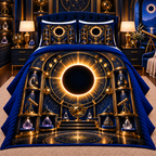 Solar Eclipse Collector Quilted Bedding Set with printed optical 3D artwork in its use setting