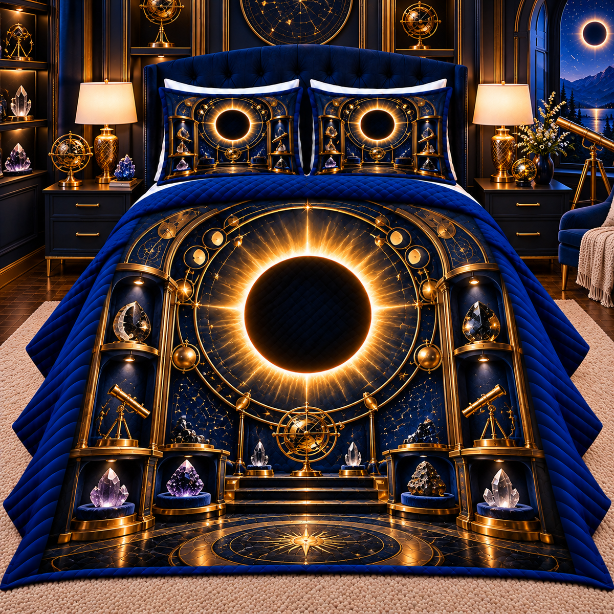 Solar Eclipse Collector Quilted Bedding Set with printed optical 3D artwork in its use setting