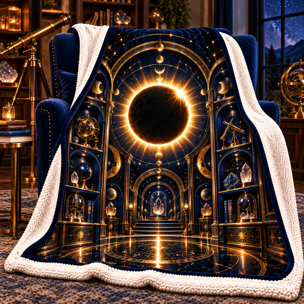 Solar Eclipse Collector Sherpa & Fleece Blanket with printed optical 3D artwork in its use setting