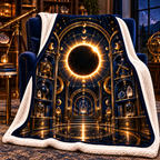 Solar Eclipse Collector Sherpa & Fleece Blanket with printed optical 3D artwork in its use setting