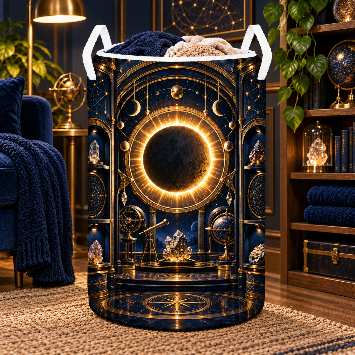 Solar Eclipse Collector Laundry Hamper with printed optical 3D artwork in its use setting