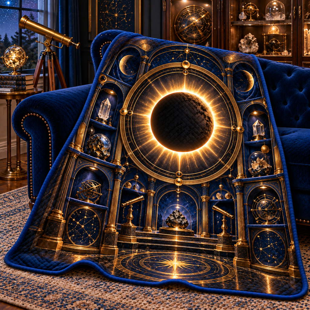 Solar Eclipse Collector Quilt Blanket with printed optical 3D artwork in its use setting