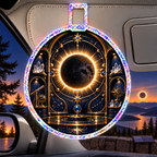 Solar Eclipse Collector Holographic Car Visor Clip with printed optical 3D artwork in its use setting