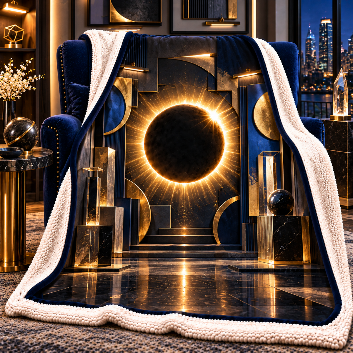 Solar Eclipse Gallery Sherpa & Fleece Blanket with printed optical 3D artwork in its use setting