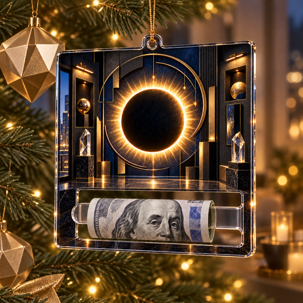 Solar Eclipse Gallery Acrylic Cash Holder Ornament with printed optical 3D artwork in its use setting
