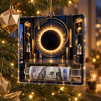 Solar Eclipse Gallery Acrylic Cash Holder Ornament with printed optical 3D artwork in its use setting