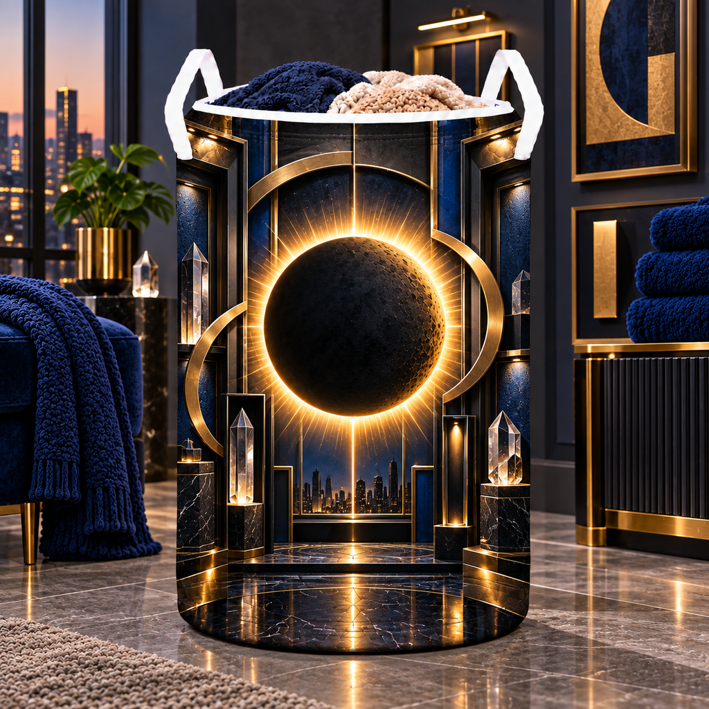 Solar Eclipse Gallery Laundry Hamper with printed optical 3D artwork in its use setting