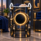 Solar Eclipse Gallery Laundry Hamper with printed optical 3D artwork in its use setting