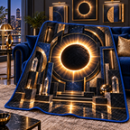 Solar Eclipse Gallery Quilt Blanket with printed optical 3D artwork in its use setting