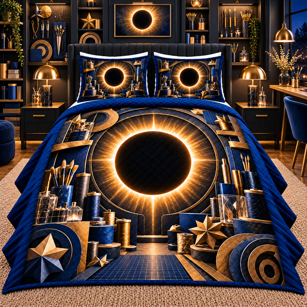 Solar Eclipse Creative Studio Quilted Bedding Set with printed optical 3D artwork in its use setting