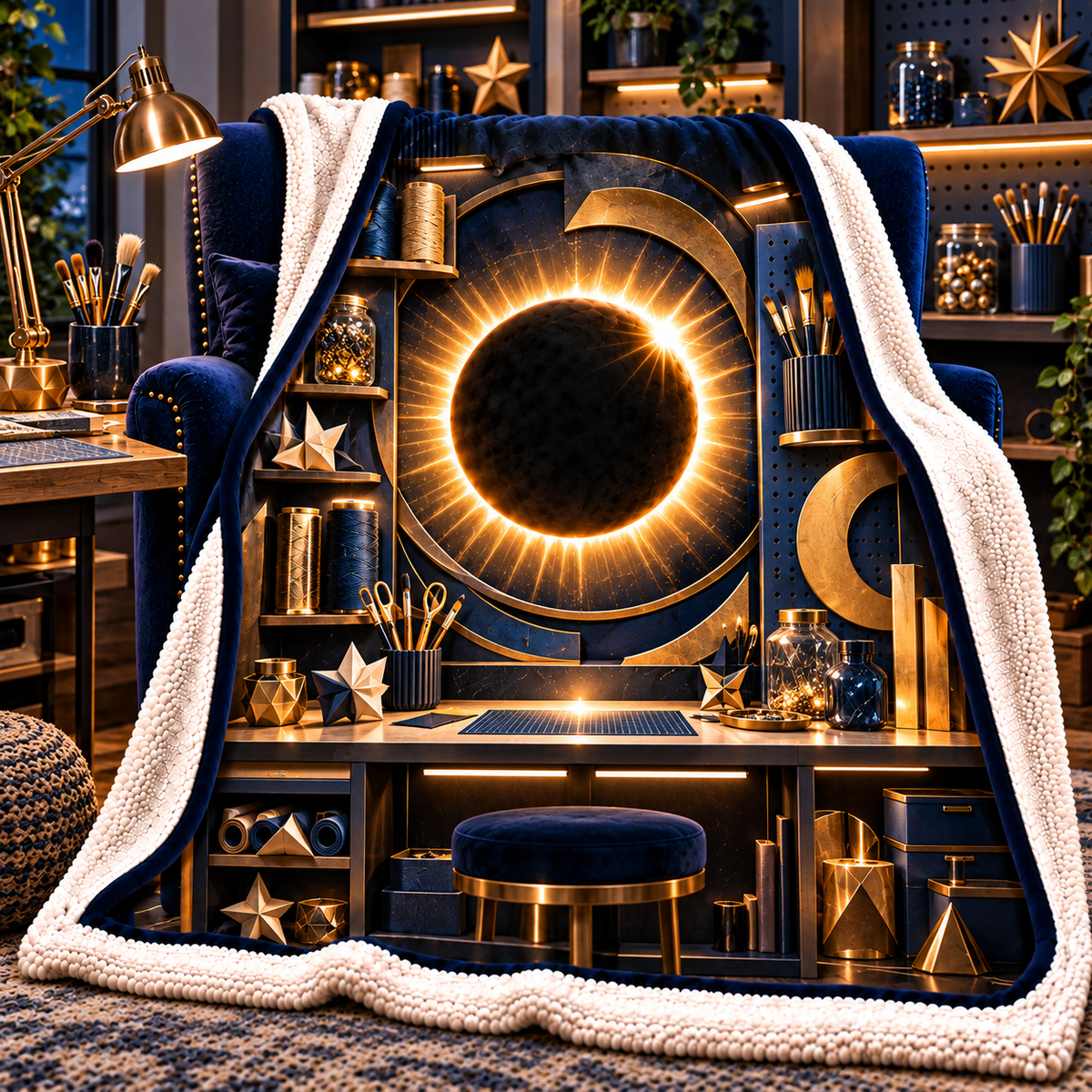 Solar Eclipse Creative Studio Sherpa & Fleece Blanket with printed optical 3D artwork in its use setting