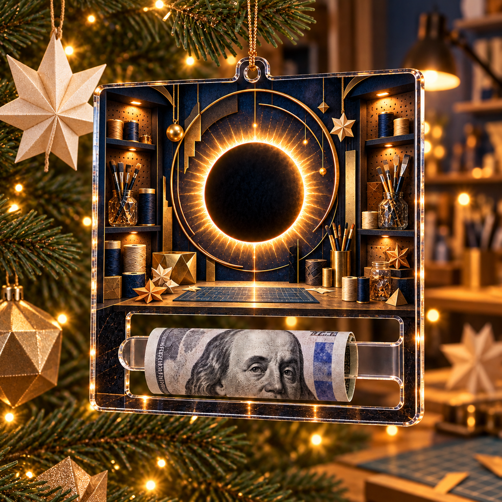 Solar Eclipse Creative Studio Acrylic Cash Holder Ornament with printed optical 3D artwork in its use setting