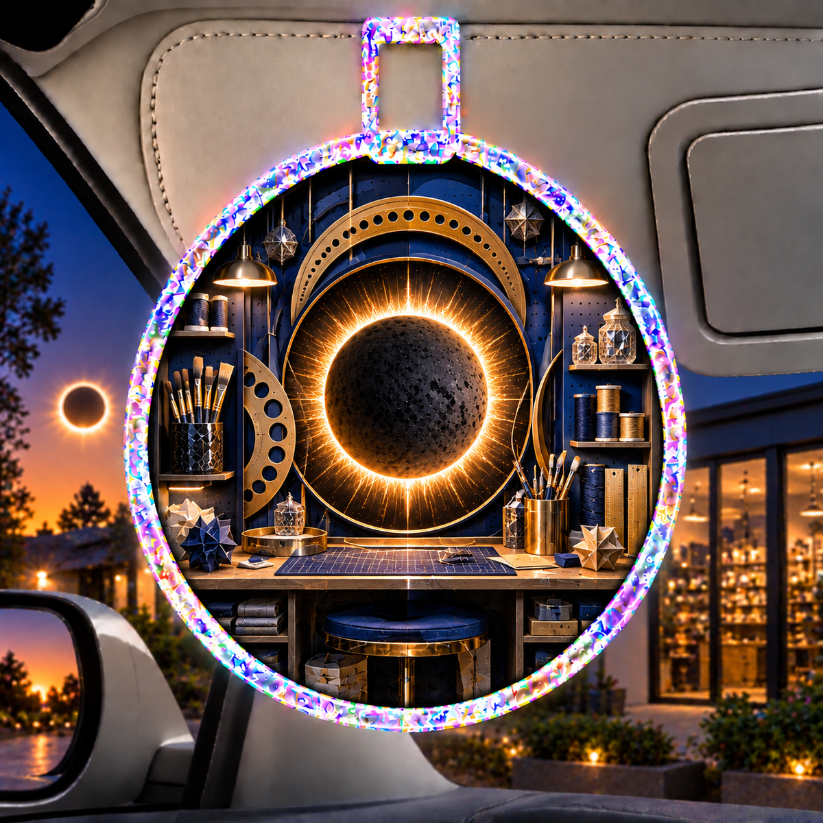 Solar Eclipse Creative Studio Holographic Car Visor Clip with printed optical 3D artwork in its use setting