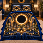 Solar Eclipse Host Gift Quilted Bedding Set with printed optical 3D artwork in its use setting