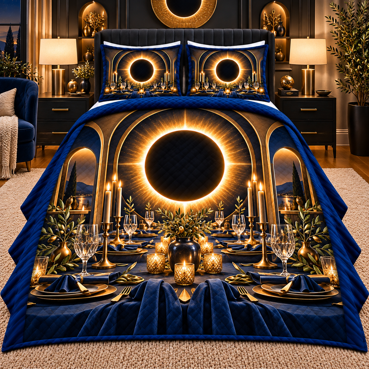 Solar Eclipse Host Gift Quilted Bedding Set with printed optical 3D artwork in its use setting