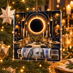 Solar Eclipse Host Gift Acrylic Cash Holder Ornament with printed optical 3D artwork in its use setting