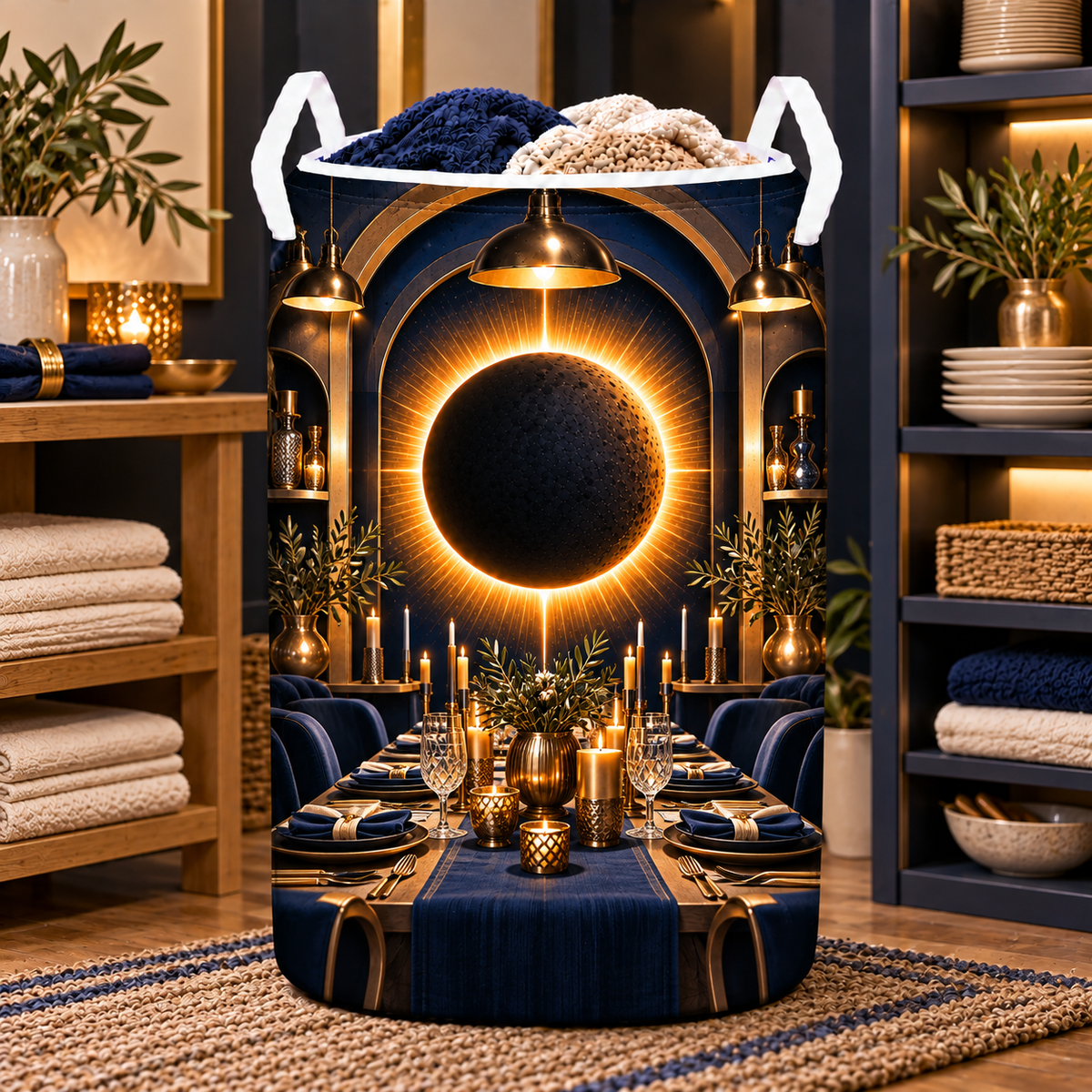 Solar Eclipse Host Gift Laundry Hamper with printed optical 3D artwork in its use setting