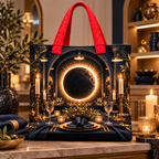 Solar Eclipse Host Gift Quilted Tote Bag with printed optical 3D artwork in its use setting