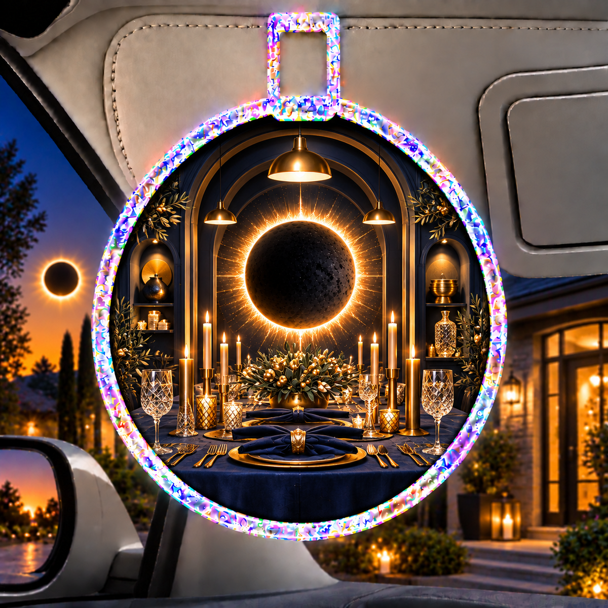 Solar Eclipse Host Gift Holographic Car Visor Clip with printed optical 3D artwork in its use setting