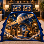 Ringed Planet Reading Nook Quilted Bedding Set with printed optical 3D artwork in its use setting