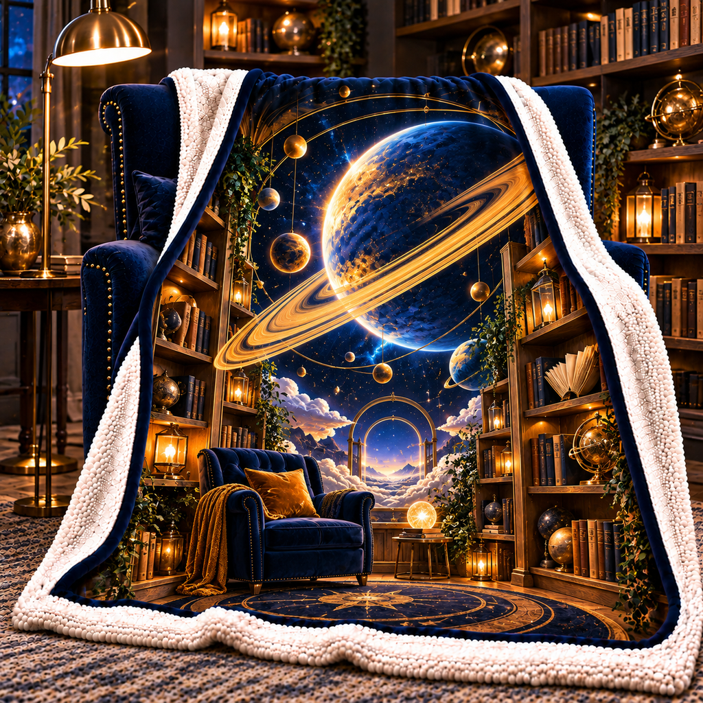 Ringed Planet Reading Nook Sherpa & Fleece Blanket with printed optical 3D artwork in its use setting