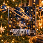 Ringed Planet Reading Nook Acrylic Cash Holder Ornament with printed optical 3D artwork in its use setting