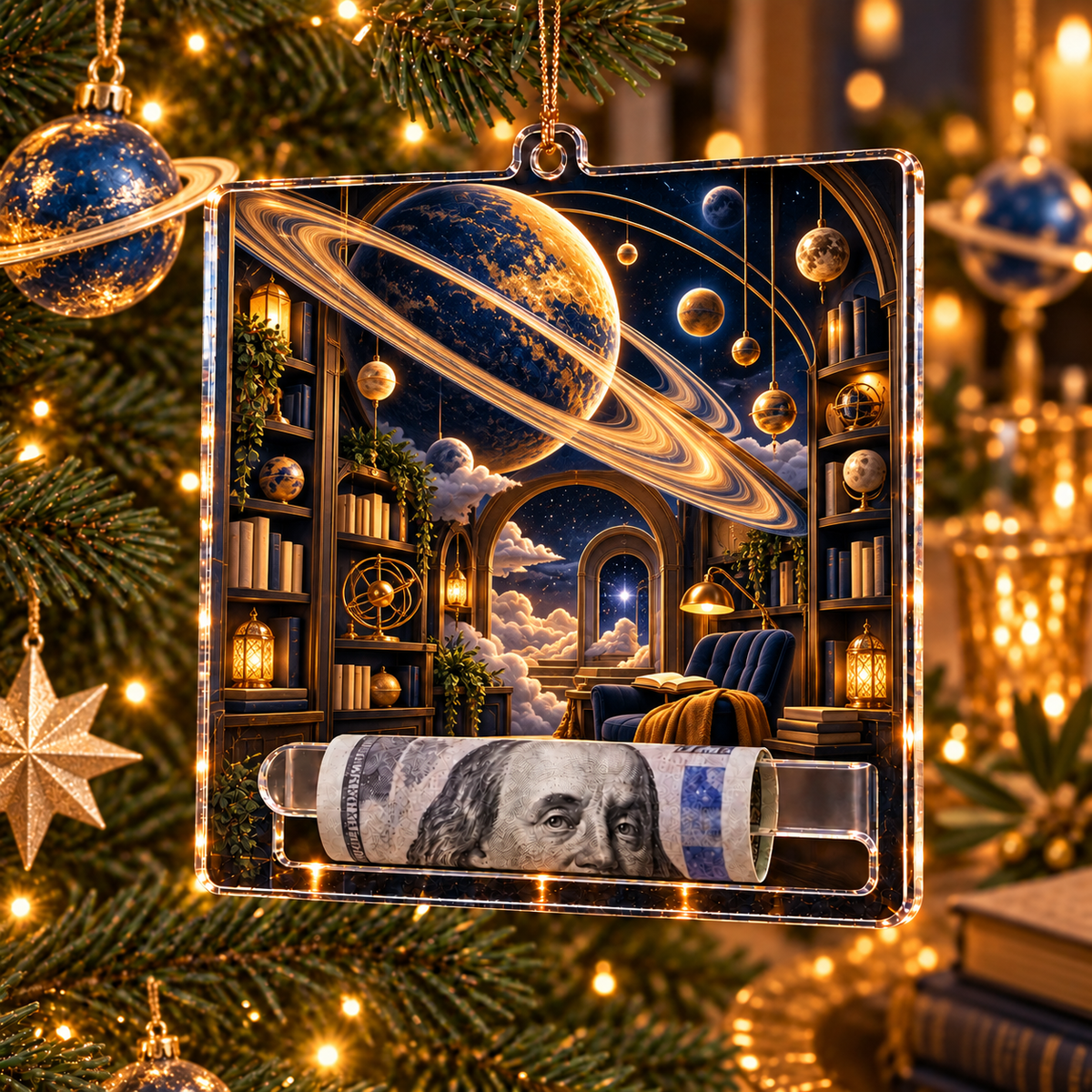 Ringed Planet Reading Nook Acrylic Cash Holder Ornament with printed optical 3D artwork in its use setting