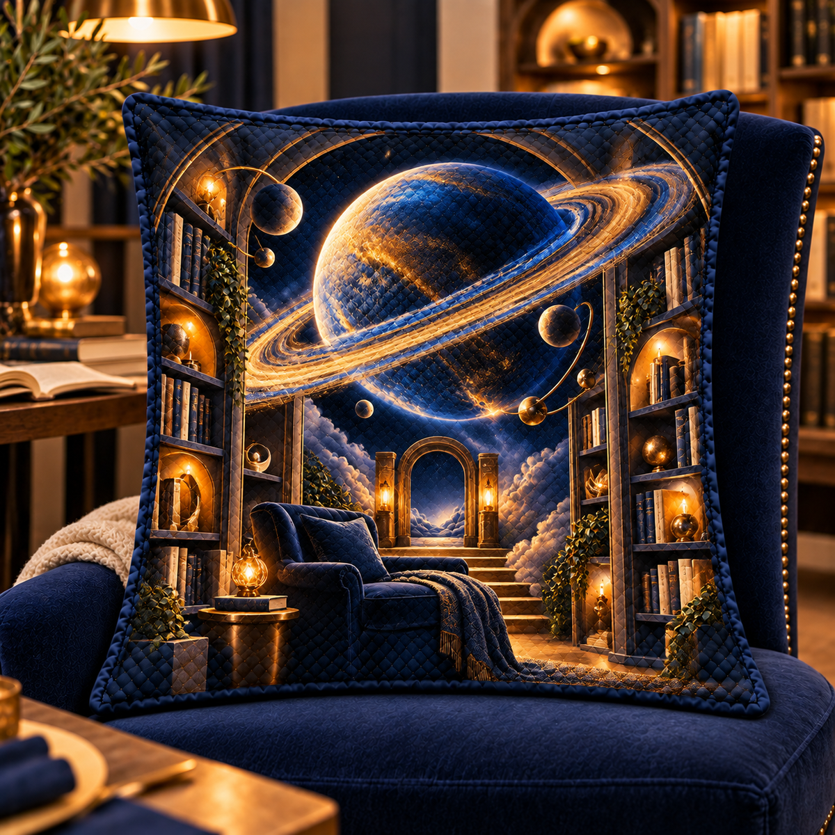 Ringed Planet Reading Nook Quilted Cushion Cover with printed optical 3D artwork in its use setting