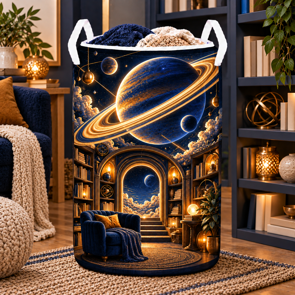 Ringed Planet Reading Nook Laundry Hamper with printed optical 3D artwork in its use setting