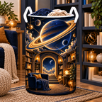 Ringed Planet Reading Nook Laundry Hamper with printed optical 3D artwork in its use setting