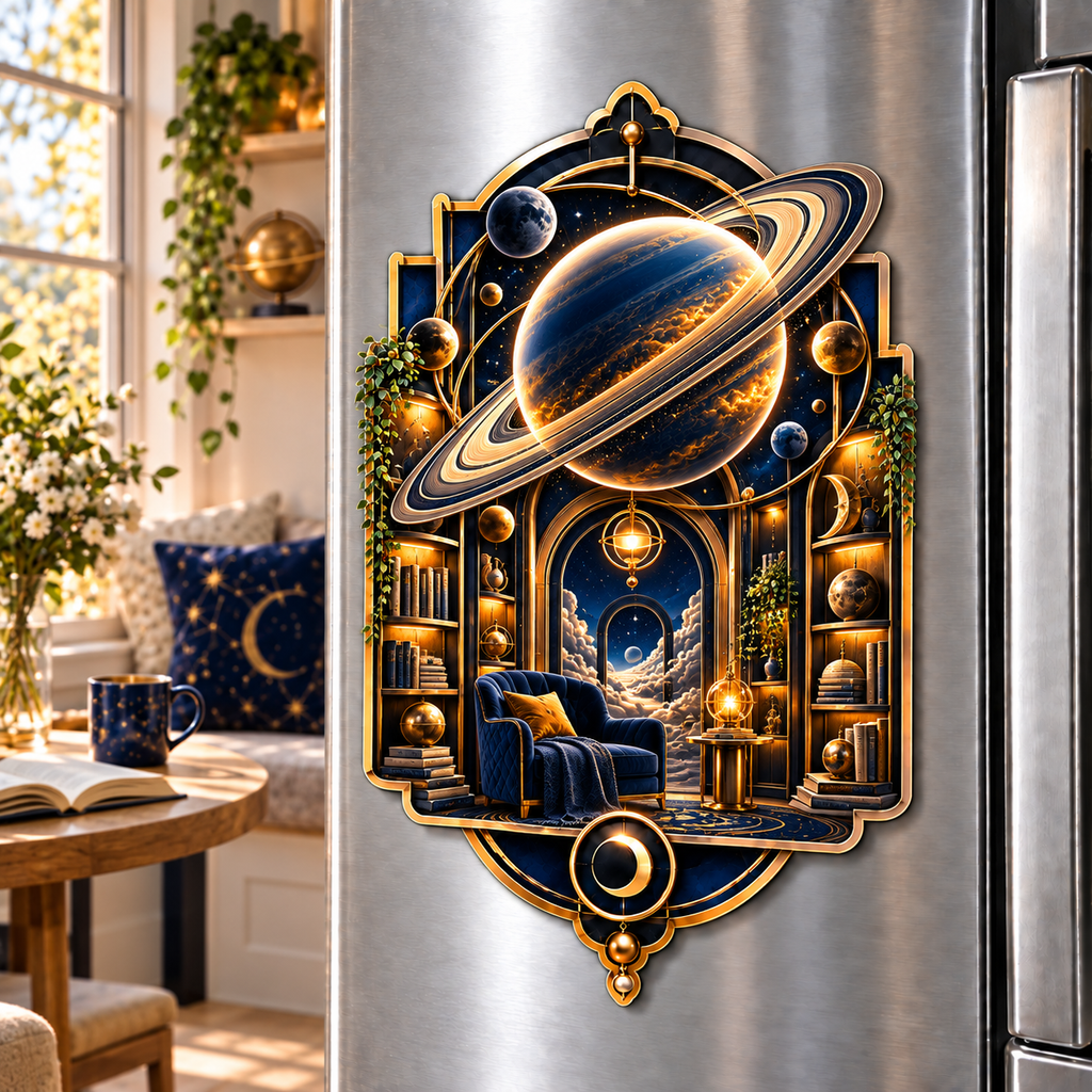 Ringed Planet Reading Nook Acrylic Refrigerator Magnet with printed optical 3D artwork in its use setting