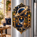 Ringed Planet Reading Nook Acrylic Refrigerator Magnet with printed optical 3D artwork in its use setting
