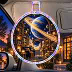 Ringed Planet Reading Nook Holographic Car Visor Clip with printed optical 3D artwork in its use setting