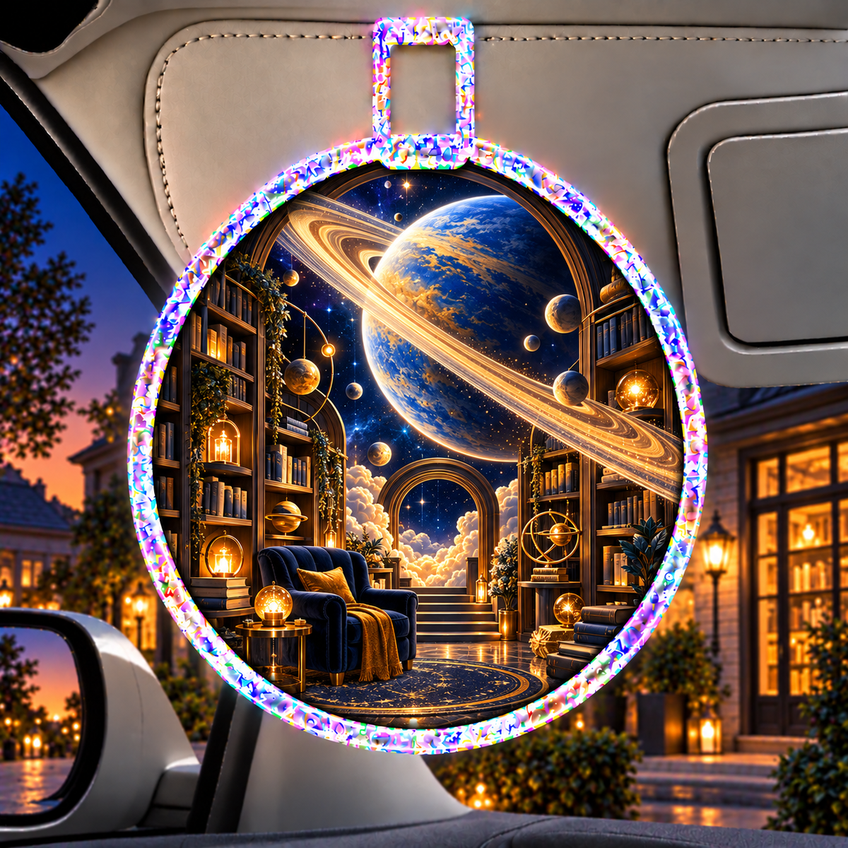 Ringed Planet Reading Nook Holographic Car Visor Clip with printed optical 3D artwork in its use setting