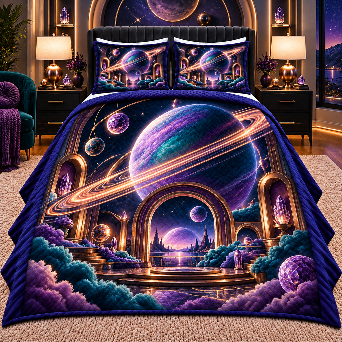 Ringed Planet Bedroom Quilted Bedding Set with printed optical 3D artwork in its use setting
