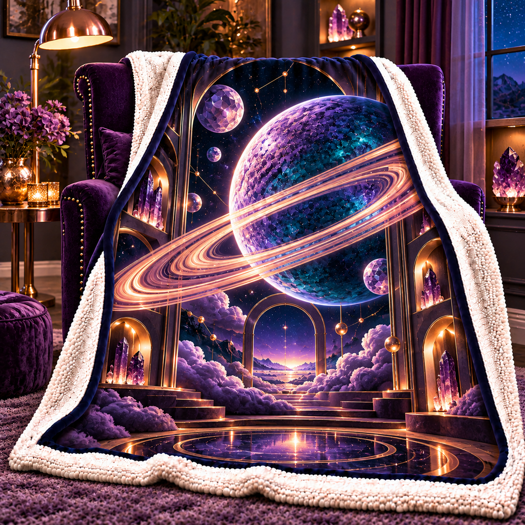 Ringed Planet Bedroom Sherpa & Fleece Blanket with printed optical 3D artwork in its use setting