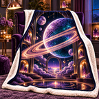 Ringed Planet Bedroom Sherpa & Fleece Blanket with printed optical 3D artwork in its use setting