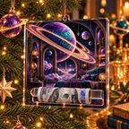 Ringed Planet Bedroom Acrylic Cash Holder Ornament with printed optical 3D artwork in its use setting