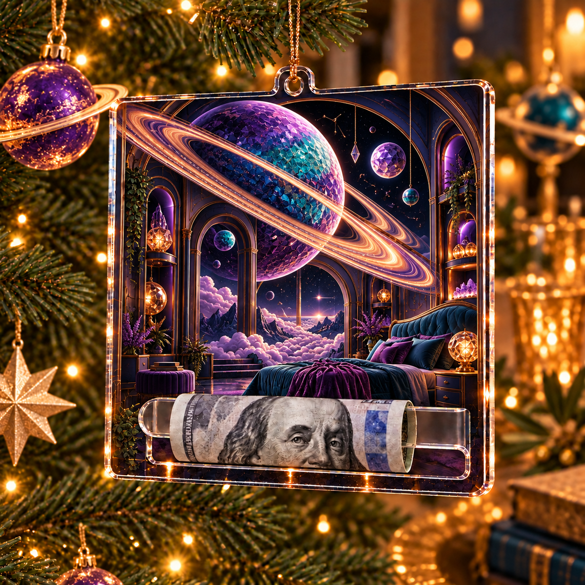 Ringed Planet Bedroom Acrylic Cash Holder Ornament with printed optical 3D artwork in its use setting