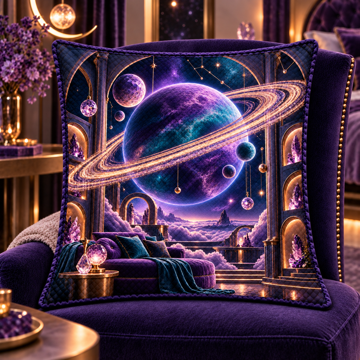 Ringed Planet Bedroom Quilted Cushion Cover with printed optical 3D artwork in its use setting