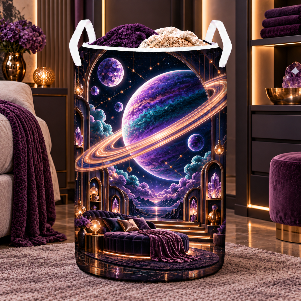 Ringed Planet Bedroom Laundry Hamper with printed optical 3D artwork in its use setting