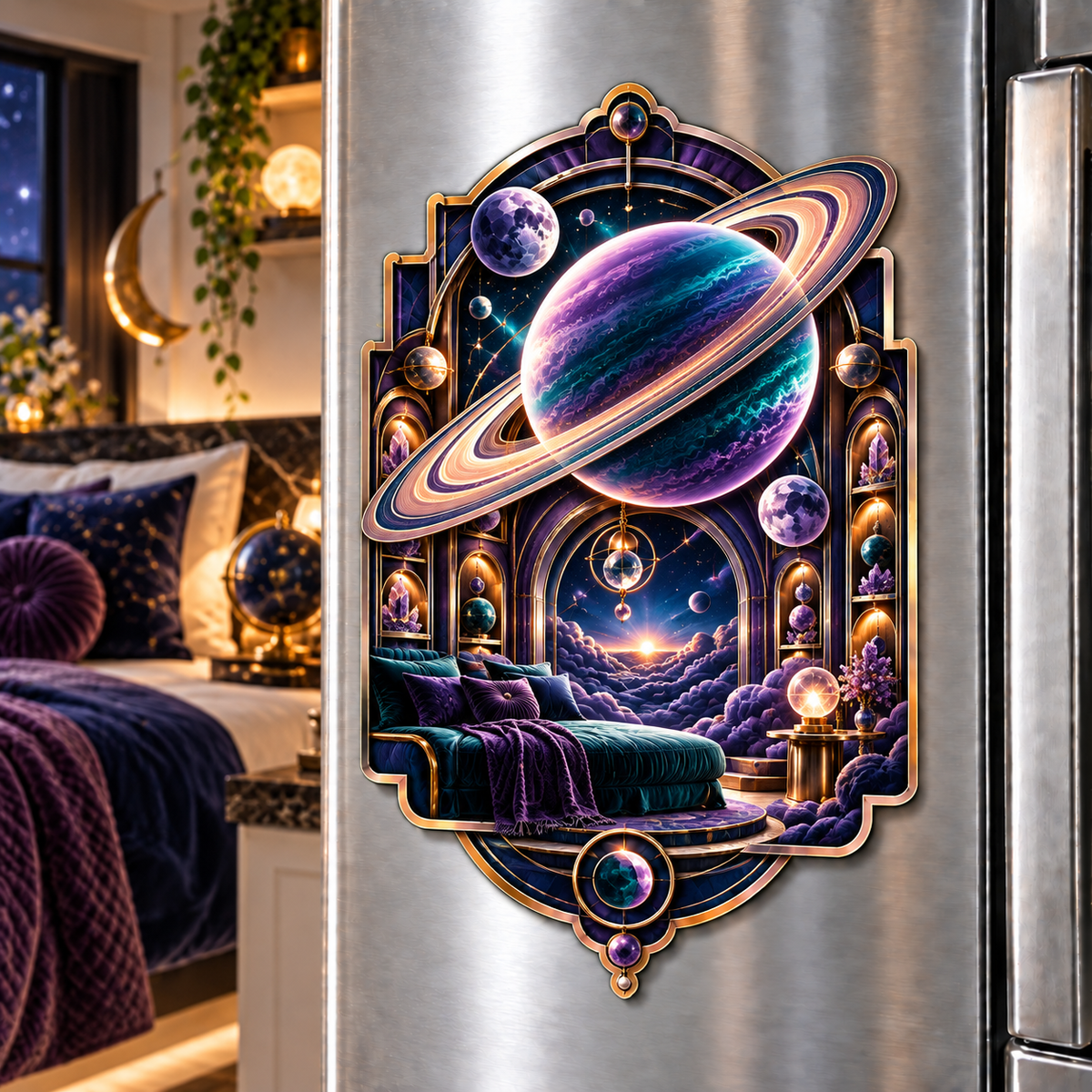 Ringed Planet Bedroom Acrylic Refrigerator Magnet with printed optical 3D artwork in its use setting