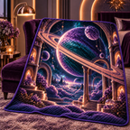 Ringed Planet Bedroom Quilt Blanket with printed optical 3D artwork in its use setting